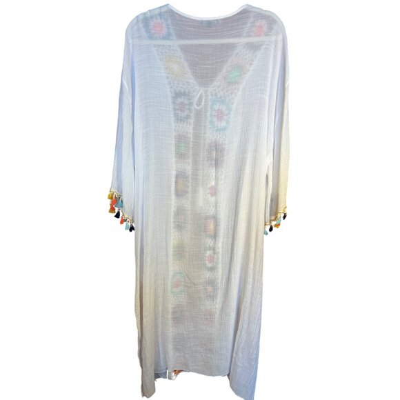 White Mark Plus Size Boho Crochet Kimono With Colorful Tassels & Floral Pattern - Picture 3 of 9